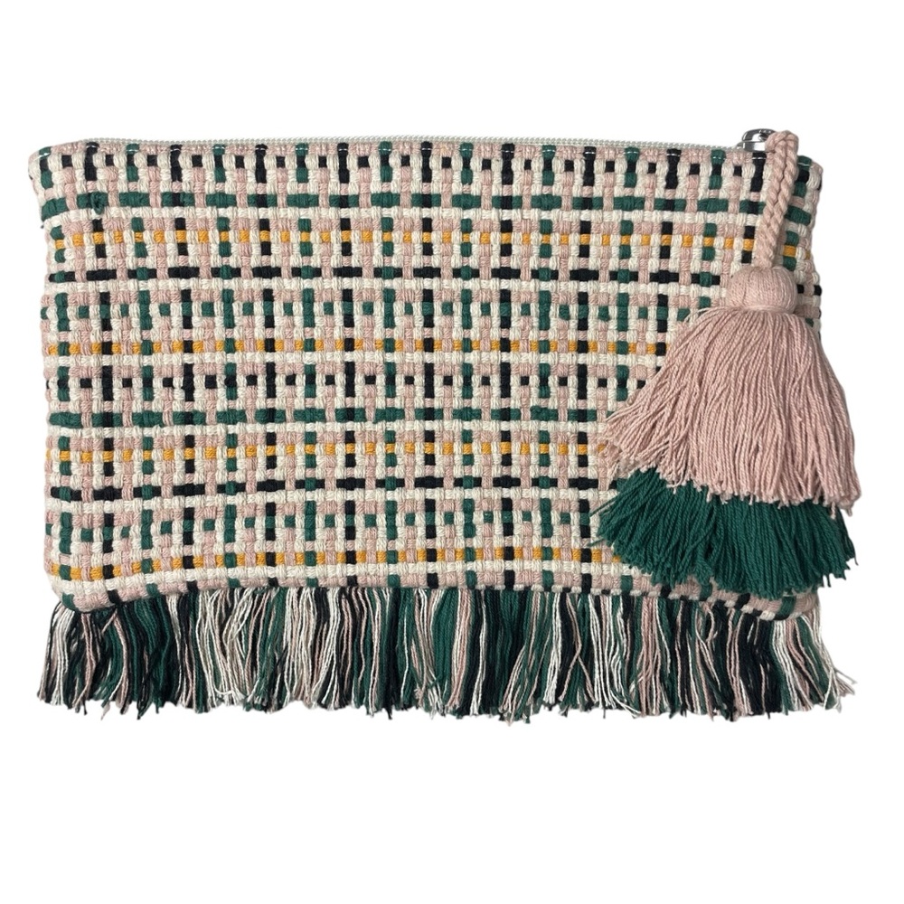 Shiraleah Chicago Woven Boho Clutch Bag Purse Tassel Trim Green Cream Multi